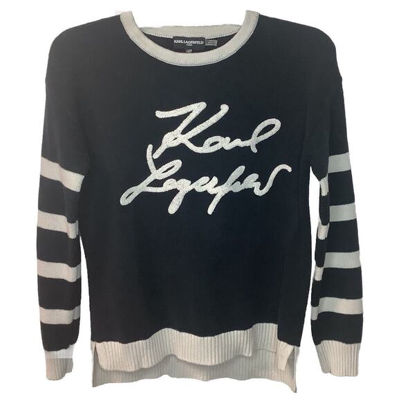 Karl Lagerfeld Signature Logo Striped Pullover Long Sleeve Sweater Sz Small - Picture 1 of 7
